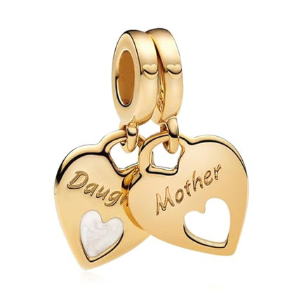 14K Gold Plated Silver Charms for Pandora, Women Heart Family Love Pet Animal Bead Dangle for Bracelets Necklace Jewelry Gift - color: B-Golden Mom and Daughter Pendant