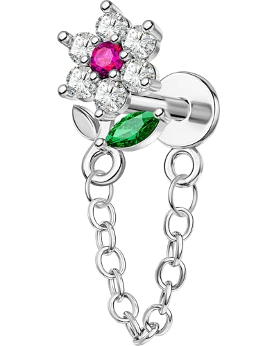 OUFER 16G Threadless Flat Back Cartilage Stud with Chain Dangle, Flower CZ Cluster Labret for Helix/Conch/Tragus/Lobe, 316L Stainless Steel, 6mm Post - color: Silver