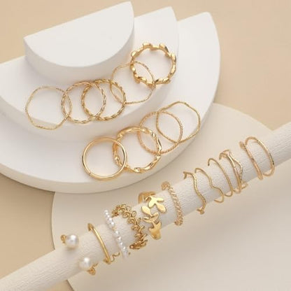 Chunky Gold Rings for Women Non Tarnish, Baroque Pearl Flower Tiger's Eye Stone Rings Adjustable Stacking Statement Rings Set Fashion Jewelry Gifts - style: Handmade/flower/small pearl