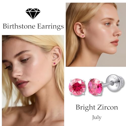 Limerencia Birthstone Screw Back Earrings G23 Implant Grade Titanium Stud Earrings Hypoallergenic Cubic Zirconia Posts Studs Jewelry Gifts for Girls Sensitive Ears - color: July