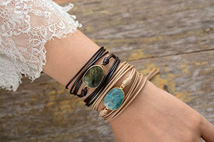 Women Wrap Bracelet Boho Natural Jasper Crystal Stone Beads Strand Bracelets - color: Style 15-Gray Labradorite