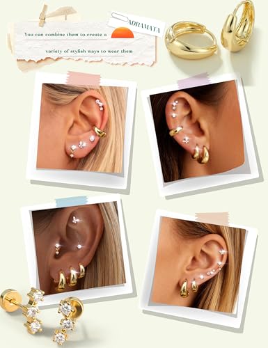 ADRAMATA Hypoallergenic Gold Earrings Stack for Women - 7Pairs Surgical Steel Small Chunky Huggie Hoops & Flat Back Stud Earrings Set Silver Cartilage Jewelry Trendy Christmas Gifts - style: Chunky - Gold