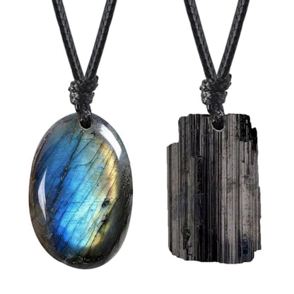 FANASY Natural Raw Crystal Necklace for Women Irregular Stone Necklaces Spiritual Gemstone Pendant with Adjustable Rope - color: X-Labradorite+Black Tourmaline