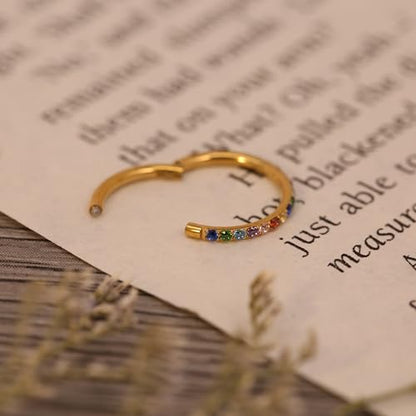 FUNLMO 20G 18G 16G 12G Nose Ring Hoop Conch Rook Daith Helix Tragus Piercing Jewelry 316L Surgical Steel Cartilage Earring Conch Hoop Earring Septum Jewelry Belly Lip Ring 5mm to 14mm - color: Gold-Multicolor CZ, 1pc
