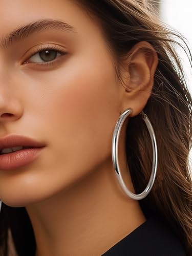 PROSTEEL Chunky Hoop Earrings for Women 14K Gold Plated/Black/Silver | 20/30/40/50/60/70/80mm Stainless Steel Thick Big Round Hoop with Waterproof and Non Tarnish Trendy Jewelry with Gift Box - color: 1. Silver, size: 80MM