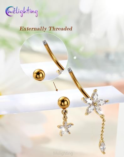 Melighting 14G Lotus Belly Button Ring Dangle Navel Ring Surgical Steel | 316L Reverse Belly Piercing Jewelry AAA Cubic Zircon, 10 mm Silver Gold Double Flower Barbell Bar Body Jewellery for Women - color: Gold Lotus