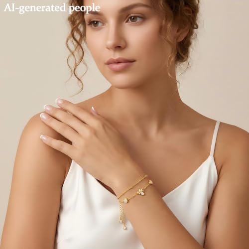16K Gold Plated Bracelets Set for Women - Dainty Layered Adjustable Hand Chain Bracelet with Cubic Zirconia, Cute Jewelry Gift for Her, Waterproof Hypoallergenic - color: Bee