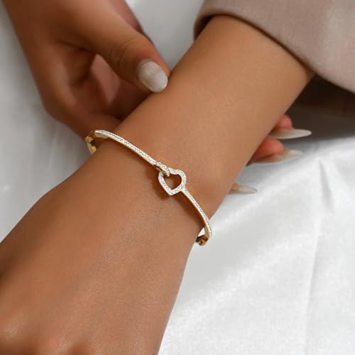 Gold Bangle for Women 18K Gold Plated Bamboo Heart Star Labyrinth Bangle Bracelets Dainty Stainless Steel Jewelry Gifts - color: Love Bangle-Gold