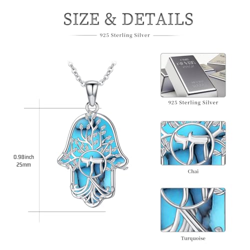 Hamsa Necklace 925 Sterling Silver Evil Eye/Lotus Flower/Star of David/Chai/Yin Yang Hamsa Hand Pendant Jewelry Hand of Fatima Gifts for Women - style: Chai-Turquoise