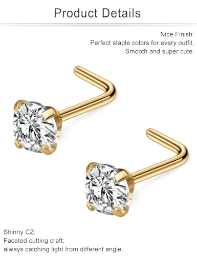Cisyozi 18G Nose Rings Studs Hypoallergenic Nose Piercings 316L Surgical Steel Silver Nose Rings Set L Shaped Nose Nostril Piercing Jewelry for Women Men Diamond CZ 1.5mm 2mm 2.5mm 3mm 3.5mm 4mm - color: 18G - Gold- CZ 4mm