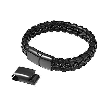 Men's Braided Genuine Leather Wristband Cuff Bracelet - color: Black