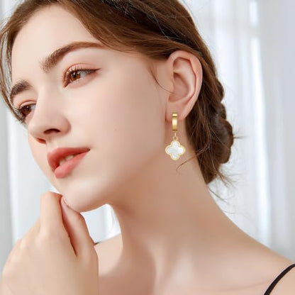 18K Gold Plated Lucky Clover Jewelry Set, Birthday Gifts for Women | Stainless Steel Hypoallergenic,Black White Red Four Leaf Clover Bracelet Necklace Earrings set, Daily Wear, Gifts for Women - color: Clover Set-White