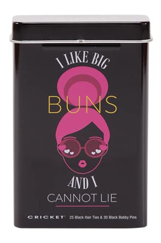 Cricket Hair Accessory Set, I Like Big Buns and I Cannot Lie, 55 PC - Includes 25 Non Metal Hair Ties and 30 Bobby Pins in Reusable Metal Tin, Black | 25 No-Metal Hair Ties, 30 Bobby Pins, Reusable Metal Tin, Travel and Everyday Use, 55 PCS Total - color: