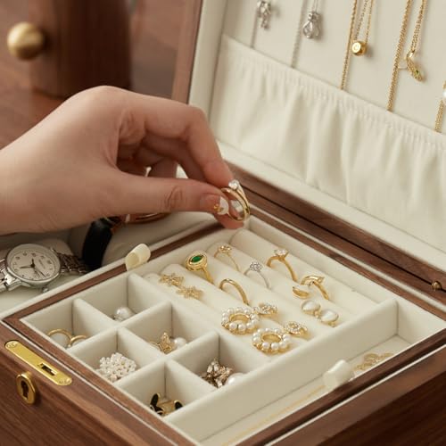 Solid Black Walnut Wood Jewelry Box, With Lock | Velvet Lining, Personalized Ring and Necklace Box, For Women and Girls, Brass Lock and Handle - style: With lock