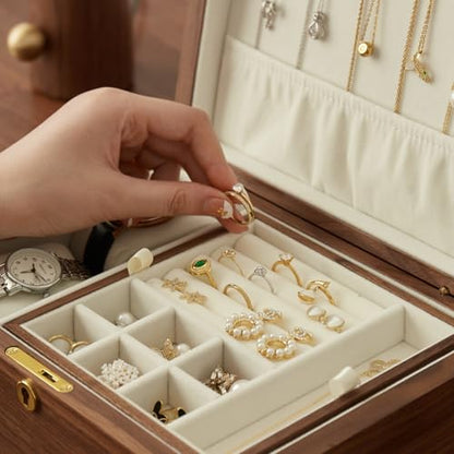 Solid Black Walnut Wood Jewelry Box, With Lock | Velvet Lining, Personalized Ring and Necklace Box, For Women and Girls, Brass Lock and Handle - style: With lock