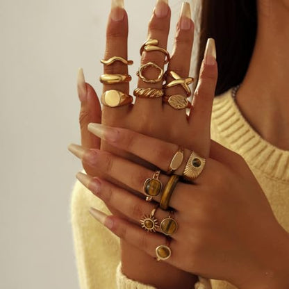 Chunky Gold Rings for Women Non Tarnish, Baroque Pearl Flower Tiger's Eye Stone Rings Adjustable Stacking Statement Rings Set Fashion Jewelry Gifts - style: Tiger eye stone