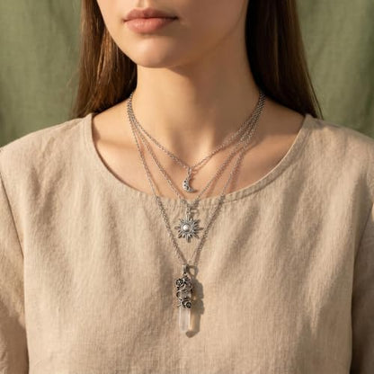 Gothic Emo Grunge Crescent Moon Layered Choker for Women | Boho Moon Sun Star Crystal Pendant Necklace, Punk Witchy Halloween Christmas Jewelry Accessories Gifts - color: White