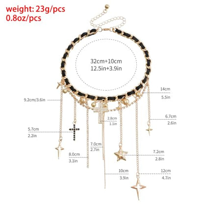PLOUTOS Statement Layered Choker Necklace for Women Black Woven Chain With Charms And Dangles Plus-Shape Star Spike And Bar Pendants Adjustable Punk Y2K Style - color: Gold