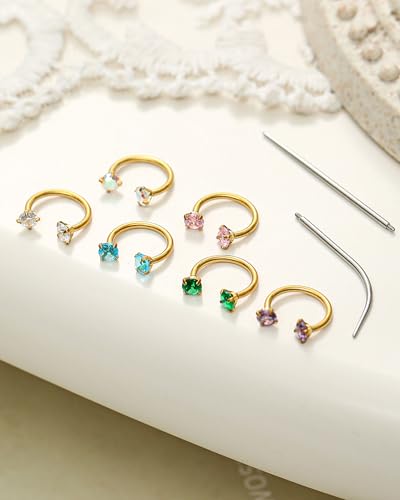 Akeoqi Horseshoe Nose Rings 316L Surgical Steel Half Hoop Earrings for Women Internally Threaded Cartilage Helix Tragus Earrings Double CZ Eyebrow Lip Piercing 18G 20G 8MM Silver Gold Plated - color: Gold,Colorful CZ