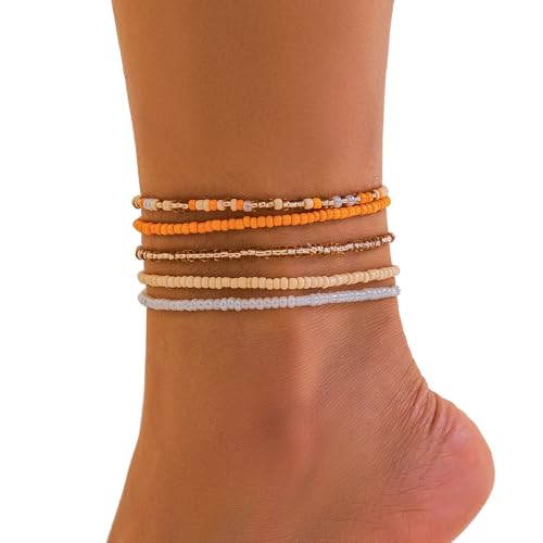 5Pcs Summer Beach Bead Anklet Bracelet,Multi-layered Pearl Anklets,Bikini Foot Chain Bracelet Wedding Bridal Adjustable Leg Bracelet Jewelry for Women Girls - style: Yellow
