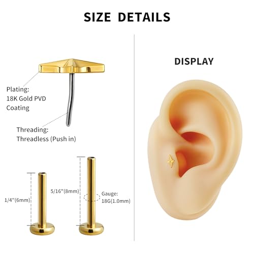 1PC ASTM F136 Titanium Mini Threadless Flat Back Stud 18G 6mm 8mm for Conch Helix Flat Tragus Labret - color: Four-pointed star - Gold