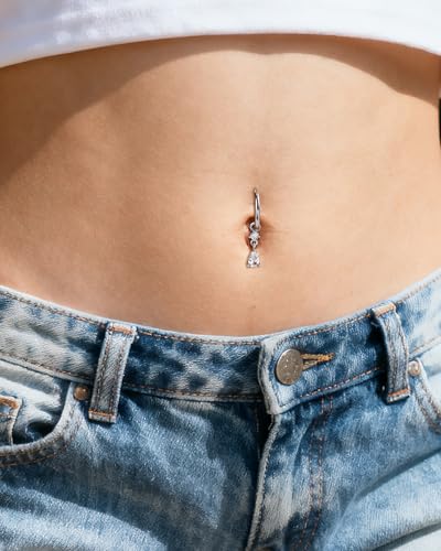 Clicker Belly Button Rings 14G Gold Plated Belly Navel Rings for Women Dangle Navel Piercing Jewelry Stainless Steel 8/10MM - color: WG-8MM