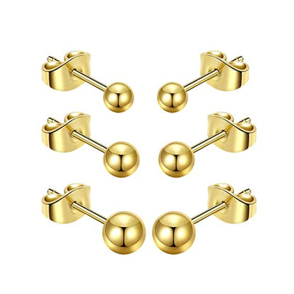 Titanium Ball Earrings Hypoallergenic Studs for Women Men Sensitive Ears Black 3mm 4mm 5mm Titanium Backs - style: 3 pairs PVD gold