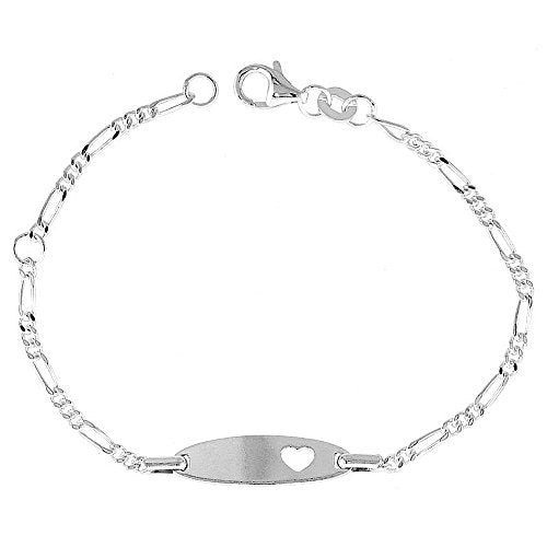 Tiny Sterling Silver ID Bracelets for Small Women Teens Fits Wrist Sizes 5-6 inch - style: Figaro Chain Heart Cut out
