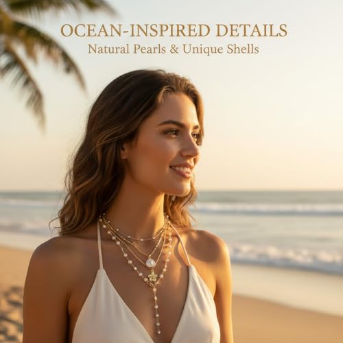 Gold-plating Necklaces for Women, Pearl Seashell Flower Pendant Necklace, Boho Lariat Long Necklace Set, Trendy Summer Beach Jewelry - color: Gold 1