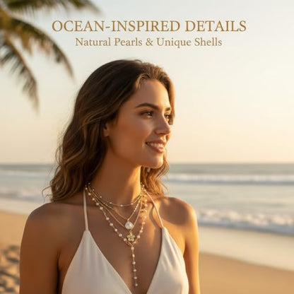 Gold-plating Necklaces for Women, Pearl Seashell Flower Pendant Necklace, Boho Lariat Long Necklace Set, Trendy Summer Beach Jewelry - color: Gold 1
