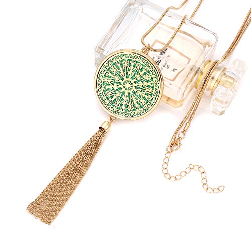 MOLOCH Long Necklaces For Woman Disk Circle Pendant Necklaces Tassel Fringe Necklace Set Statement Pendant - color: disk--gold-green