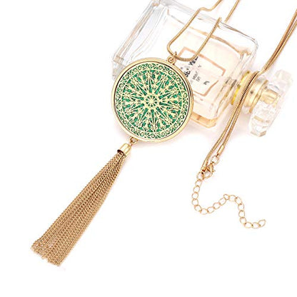 MOLOCH Long Necklaces For Woman Disk Circle Pendant Necklaces Tassel Fringe Necklace Set Statement Pendant - color: disk--gold-green