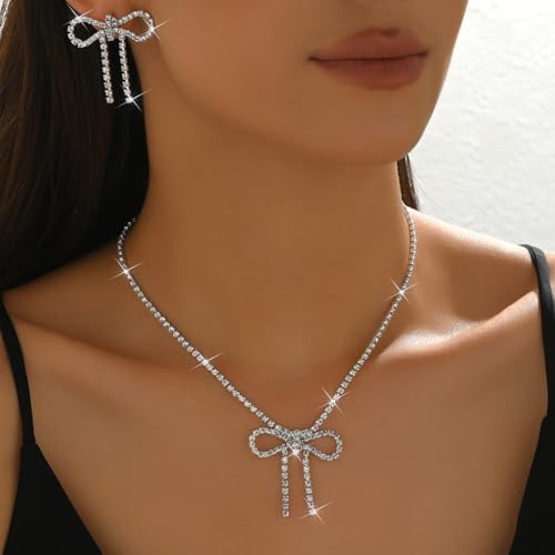 Gold Rhinestone Jewelry Set for Women Crystal Choker Necklaces Drop Earrings Adjustable Bracelet Elegant Prom Bridal Jewelry - color: Silver A