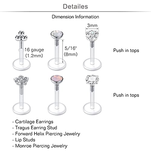 20g 16g Tragus Piercing Jewelry Helix Earrings Threadless Flat Back Earrings for Women Forward Helix Cartilage Earring Tragus Jewelry Medusa Labret Lip Piercing Jewelry Lip Studs 16 Gauge 8mm - color: D2-5/16"(8mm)- plastic silver