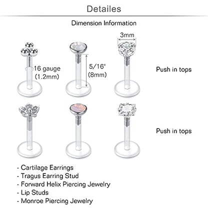 20g 16g Tragus Piercing Jewelry Helix Earrings Threadless Flat Back Earrings for Women Forward Helix Cartilage Earring Tragus Jewelry Medusa Labret Lip Piercing Jewelry Lip Studs 16 Gauge 8mm - color: D2-5/16"(8mm)- plastic silver