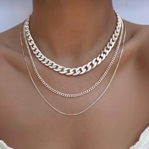 Tewiky Layered Necklaces for Women 14k Gold Plated Chain Necklace Set | Chunky Herringbone/Snake/Rope/Box/Cuban Link Chain for Women, Layering Stack Choker Necklace, Dainty Jewelry Set Non Tarnish - color: Silver--style I
