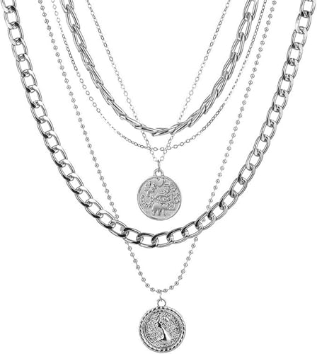 Todenb Layered Gold Pirate Necklace for Women Chunky Chain Pirate Jewelry 80s 90s Coin Pendant Necklace Pirate Costume Accessories - color: Silver