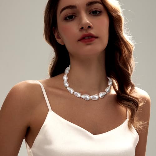 Zeffy 14K Gold/Silver Plated Chunky Thick Chain Toggle Clasp Necklace Dainty Baroque Pearl/Heart/Cross/Turquoise Pendant Necklace - color: Gold Baroque Pearl Choker