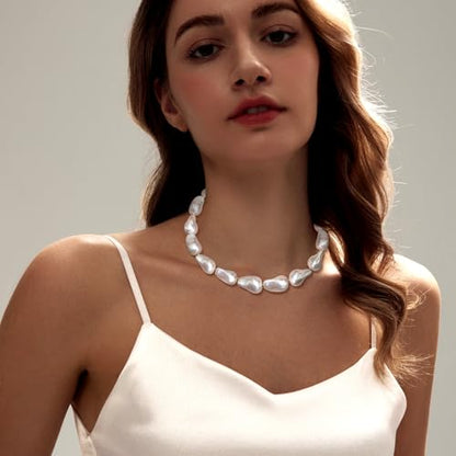 Zeffy 14K Gold/Silver Plated Chunky Thick Chain Toggle Clasp Necklace Dainty Baroque Pearl/Heart/Cross/Turquoise Pendant Necklace - color: Gold Baroque Pearl Choker