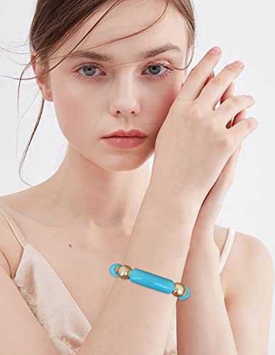 LALAPPLE Gold Plated Beaded Acrylic Bamboo Tube Bangle Bracelets for Women, Colorful Chunky Curved Tube With Gold Plated Pieces Beads Stretch Bracelet Friendship Summer Beach Jewelry - color: N-Blue