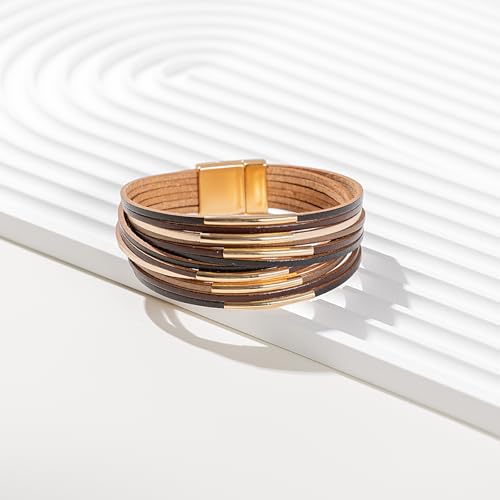 Gold Tube Leather Wrap Bracelets Boho Chunky Stackable Layered Western Cuff | Stacked Bohemian Cool Magnetic Clasp Bangles Statement Cowgirl Hippie Country Festival Accessories for Women Trendy - color: Brown