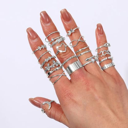 CHICUTIE Gold Knuckle Rings Set For Women Stackable Joint Finger Midi Rings Dainty Cubic Crystal Zirconia Simple Hollow Twist Cute Rings Pack Jewelry Gift - style: 46pcs Silver