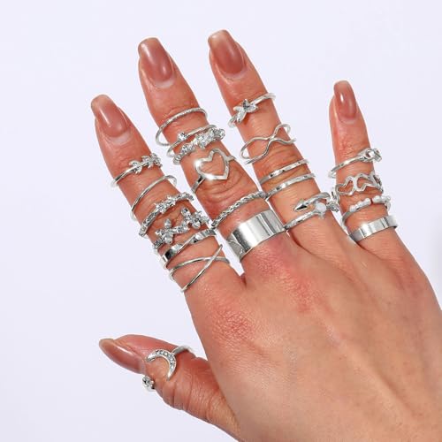 CHICUTIE Gold Knuckle Rings Set For Women Stackable Joint Finger Midi Rings Dainty Cubic Crystal Zirconia Simple Hollow Twist Cute Rings Pack Jewelry Gift - style: 46pcs Silver