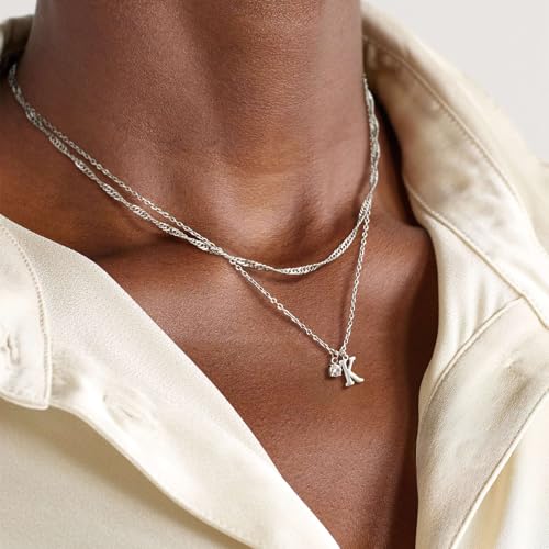 Sterling Silver Initial Necklaces for Women Girls Dainty Letter Necklace Stack Non Tarnish Silver Layered Necklaces Simple Chain CZ Diamond Pendant Necklaces Stacked A-Z Name Personalized Trendy Jewelry Gift - style: K