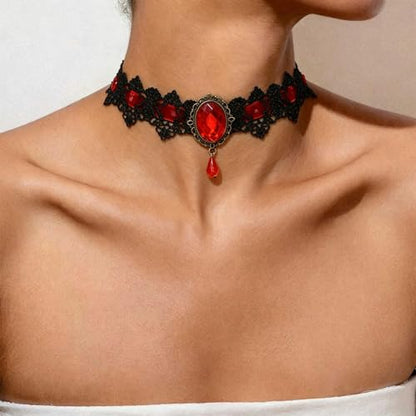 Black Necklaces for Women,Adjustable Layered Collar,Goth Jewelry - color: Red Gem