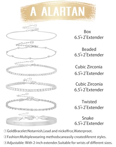 Gold Bracelets for Women 14K Gold Plated Stack Trend Bracelets Charm Paperclip Chain Cuban Link Layered Waterproof Bracelet Dainty Bracelet for Women Jewelry Gifts - color: 6Psc Silver