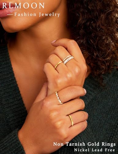 RLMOON Stackable Silver Gold Rings for Women Non Tarnish Stacking Ring | Dainty 14K Gold/Silver Plated CZ Eternity Wedding Band Thumb Rings Gold Jewelry Size 6-10