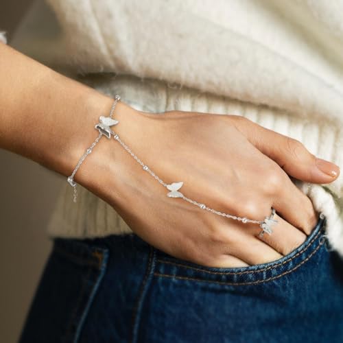 Emibele Gold Bracelets for Women, 18K Gold Plated Hand Chain, Cubic Zirconia Stainless Steel Non Tarnish Hand Chain Bracelet with Finger Ring, Adjustable Trendy Jewelry Valentines Day Gifts for Women - style: Silver Butterfly