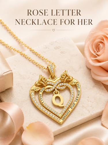 14K Gold Initial Letter Rose Heart Pendant Necklace for Women, Anniversary Birthday Jewelry Gifts for Wife Mom Grandma Sister Daughter, I Love You for Always And Forever - style: 14K Gold-Q