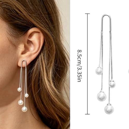Pearl Dangle Earrings for Women, 14K Gold Plated, Long Tassel Drop Style, Trendy Fashion Jewelry - color: Silver